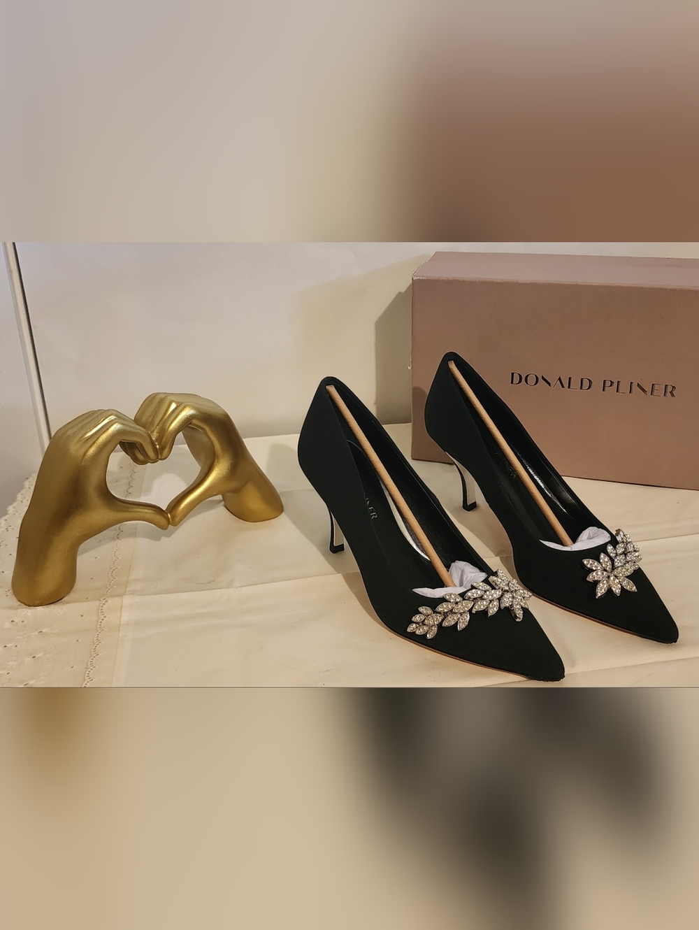 Donald J. Pliner Black Pointed Toe Pumps with Crystal Leaf Embellishment